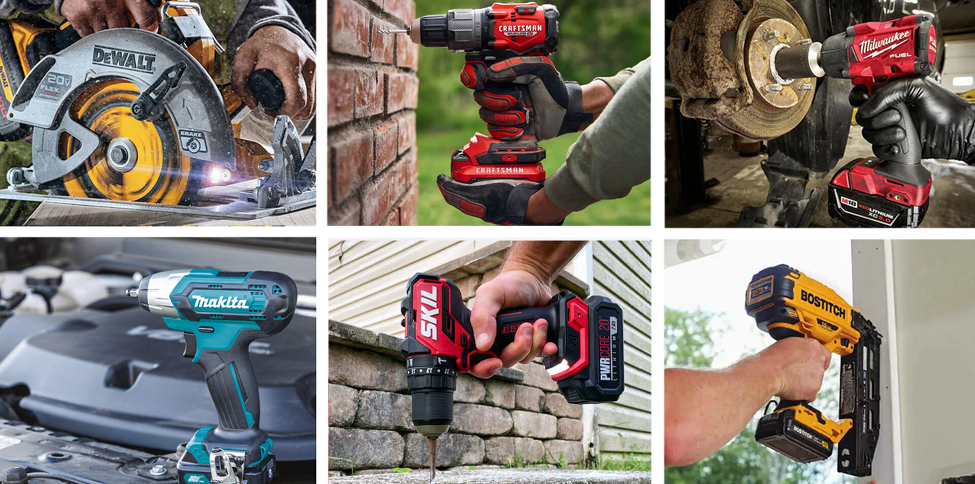Power tools being used for sawing, drilling, grinding and sanding